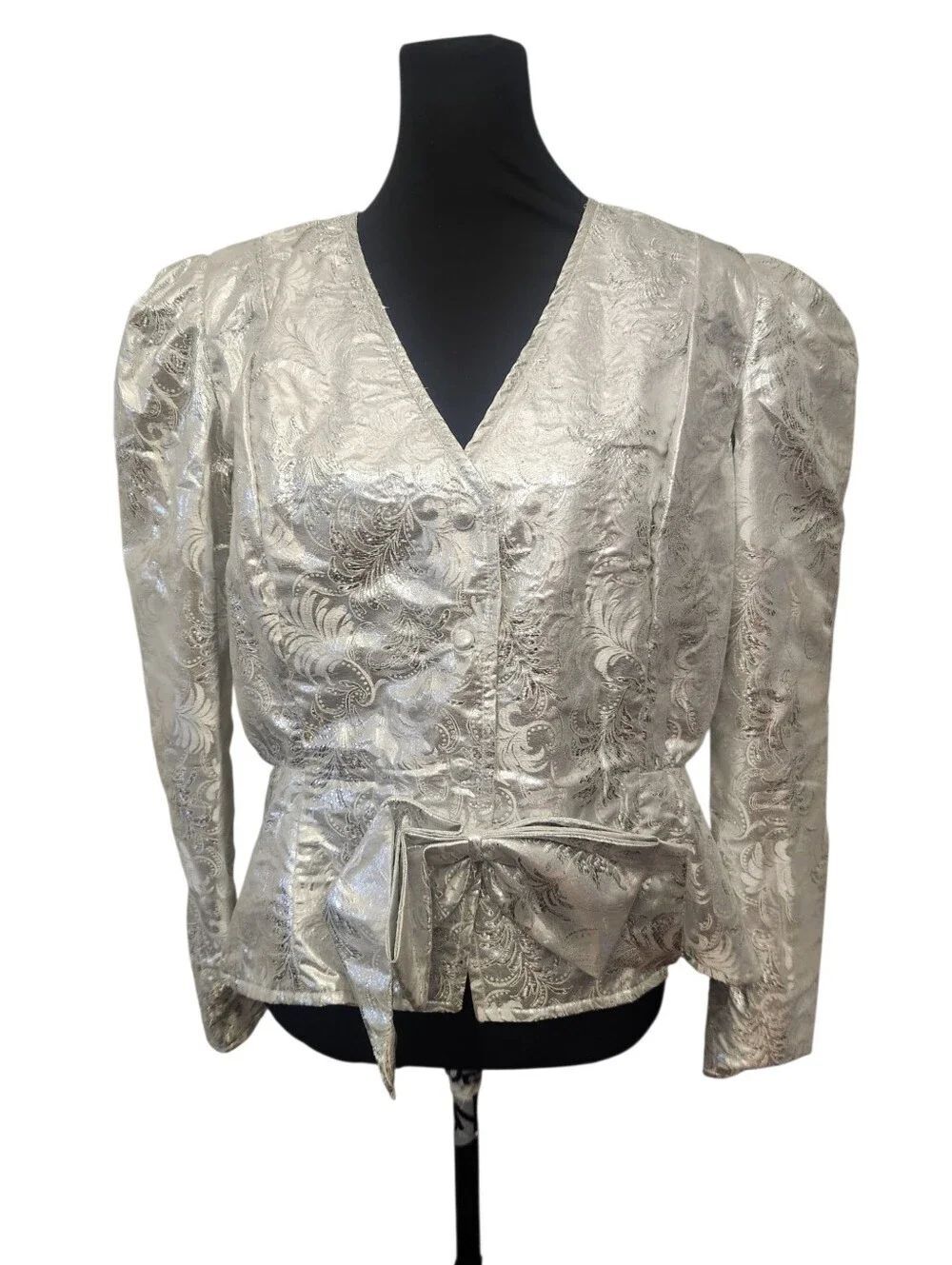 Vintage 70s 80s Silver Jacket Small Medium Shoulder Pads Barbie Style Floral